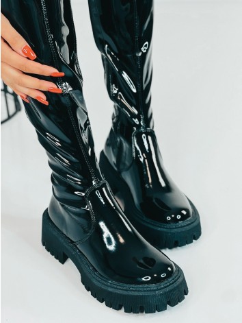 Női fekete latex platform csizma