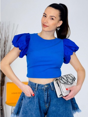 Női királykék crop top "puffancs" ujjakkal és csupasz háttal