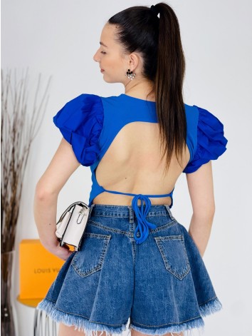 Női királykék crop top "puffancs" ujjakkal és csupasz háttal