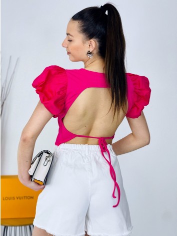 Női fukszia crop top "puffancs" ujjakkal és csupasz háttal