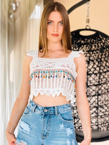 Női rövid fehér horgolt crop top