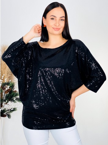 Elegáns női flitteres oversize TOP - fekete