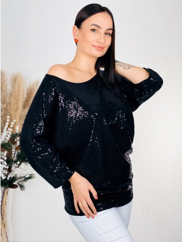 Elegáns női flitteres oversize TOP - fekete